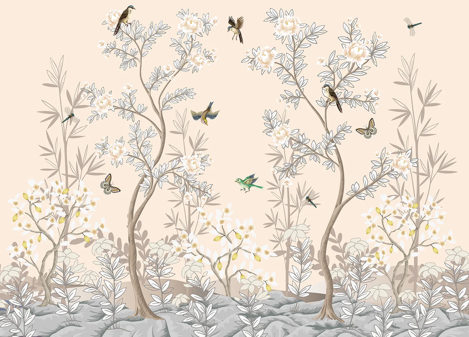 Custom Size Wall Mural Chinoiserie Birds | Premium Non-Woven Wallpaper | FT5P 352365