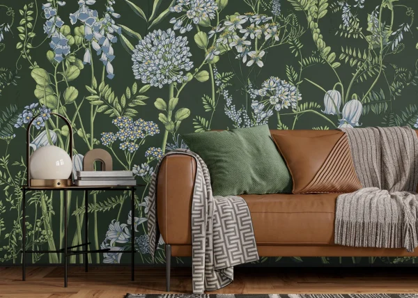 Custom Size Wall Mural Vetch Flowers on Olive Green | Premium Non-Woven Wallpaper | FT5P 352403