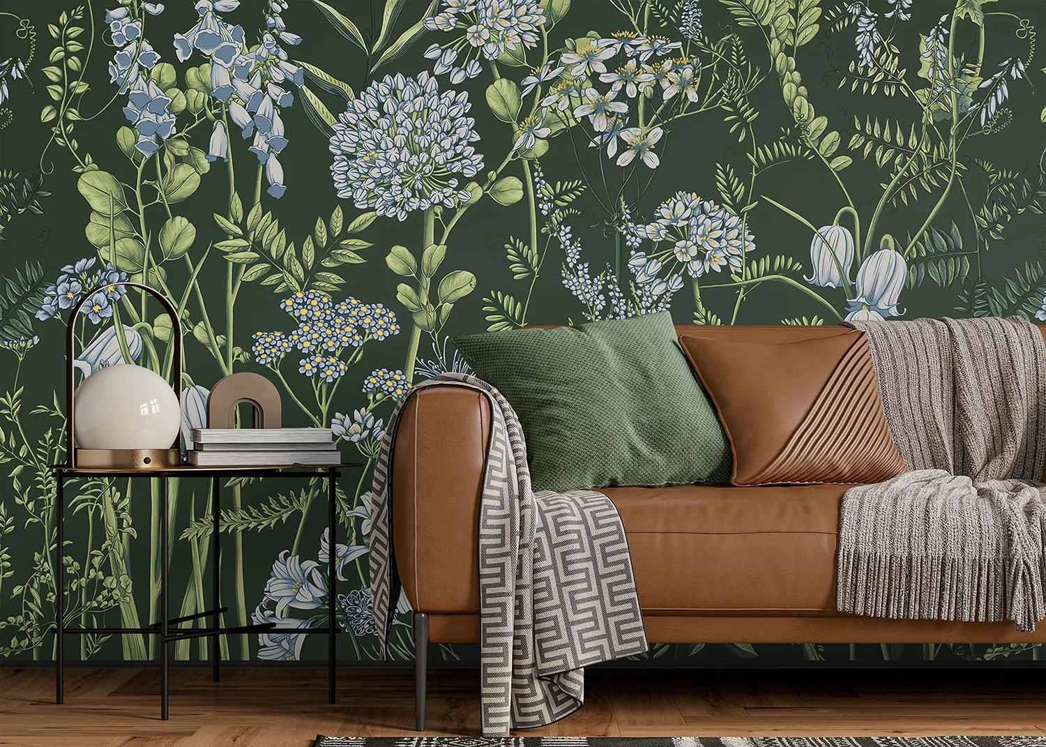 Custom Size Wall Mural Vetch Flowers on Olive Green | Premium Non-Woven Wallpaper | FT5P 352403