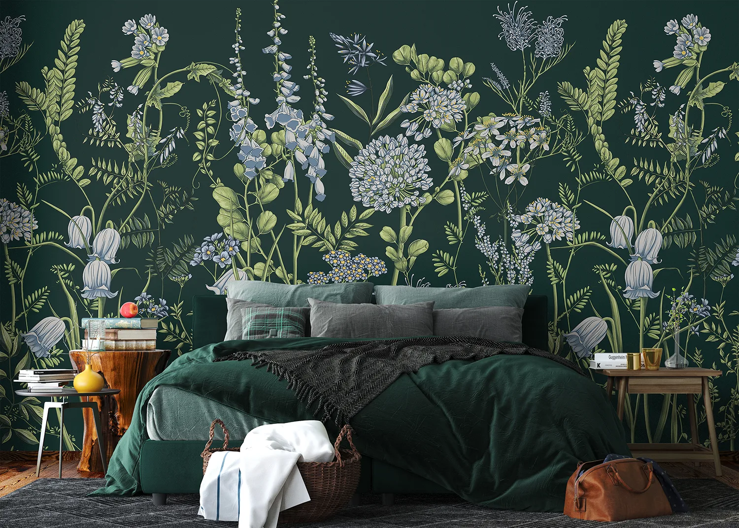 Custom Size Wall Mural Vetch Flowers on Brunswick Green | Premium Non-Woven Wallpaper | FT5P 352405