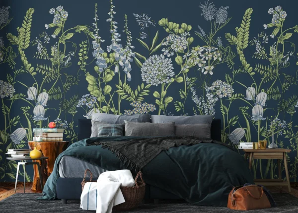 Custom Size Wall Mural Vetch Flowers on Prussian Blue | Premium Non-Woven Wallpaper | FT5P 352407