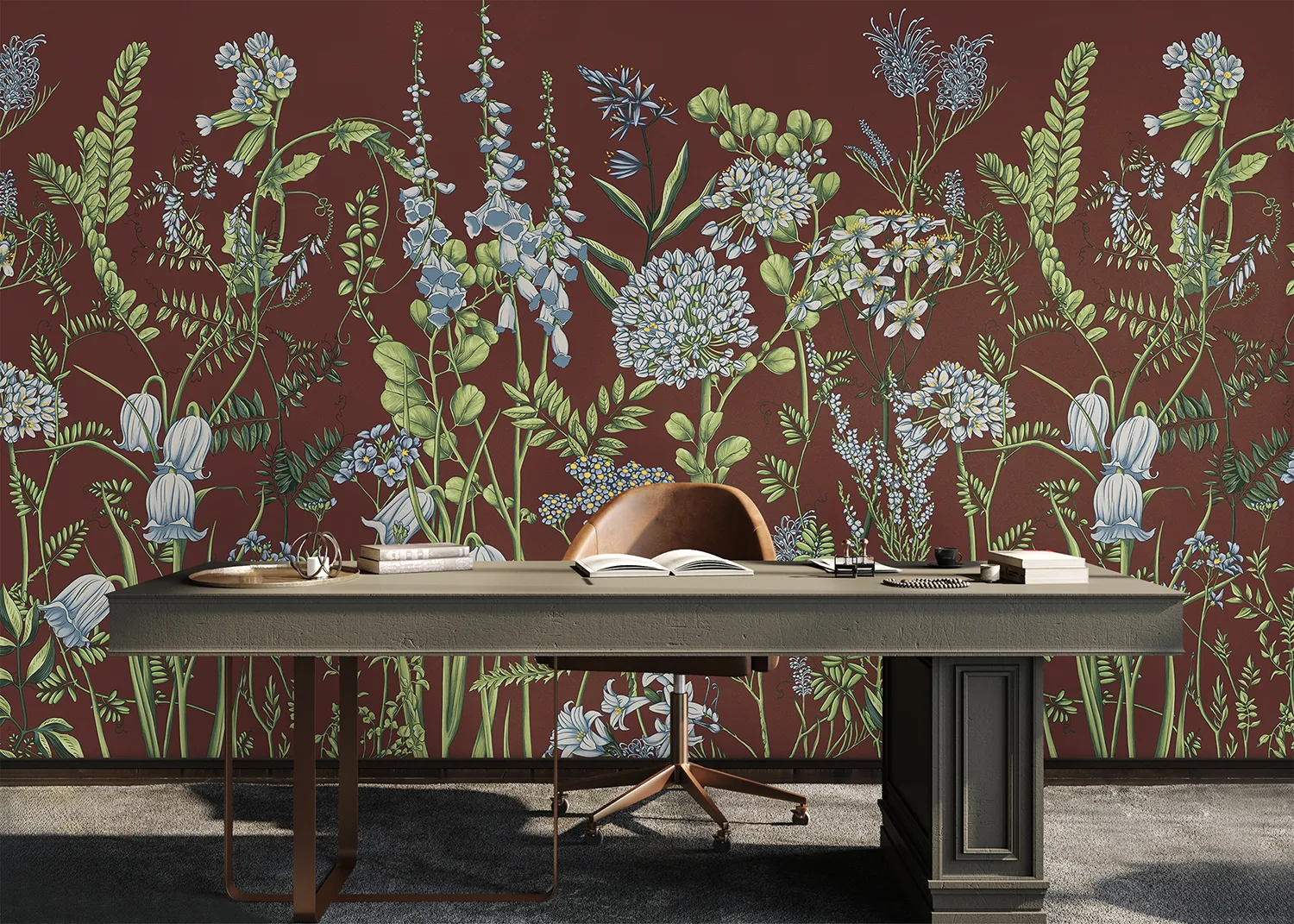 Custom Size Wall Mural Vetch Flowers on Burgundy Red | Premium Non-Woven Wallpaper | FT5P 352409 3