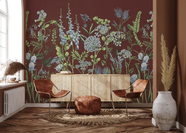 Custom Size Wall Mural Vetch Flowers on Burgundy Red | Premium Non-Woven Wallpaper | FT5P 352409