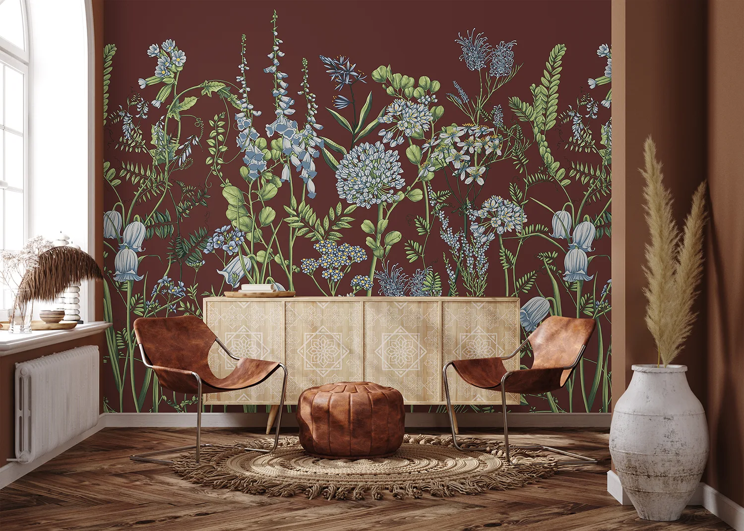 Custom Size Wall Mural Vetch Flowers on Burgundy Red | Premium Non-Woven Wallpaper | FT5P 352409