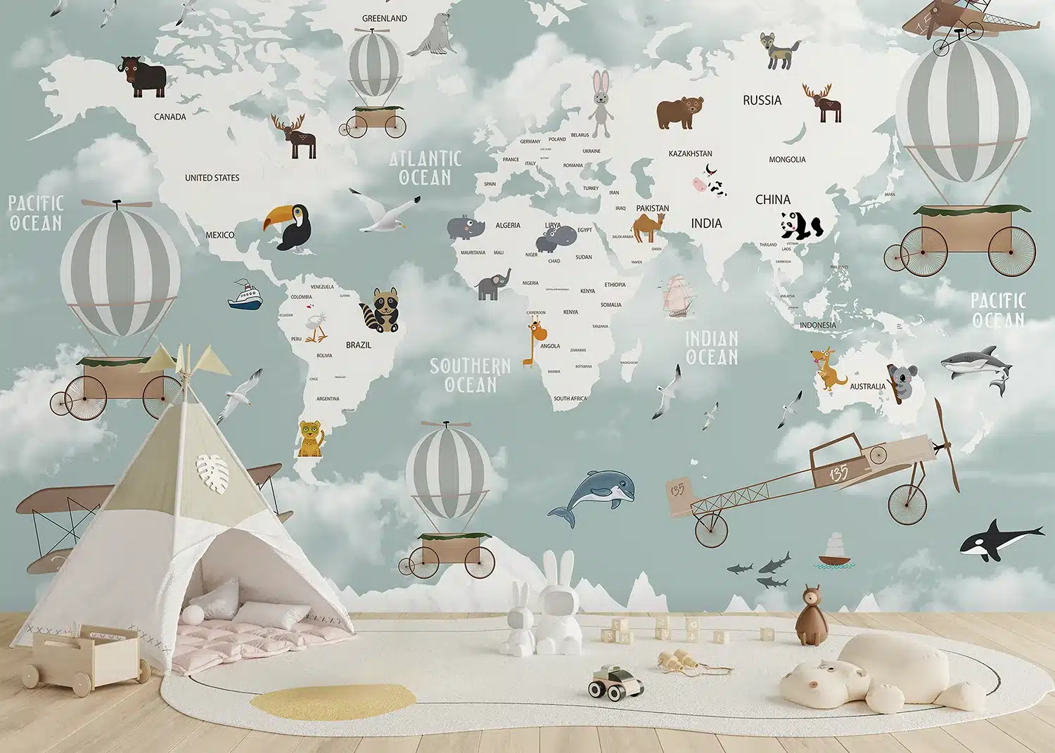Custom Size Wall Mural Animals World Map | Premium Non-Woven Wallpaper | FT5P3091 2