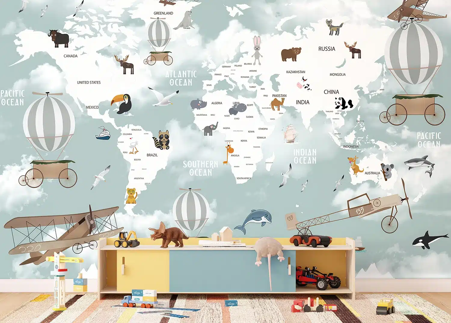 Custom Size Wall Mural Animals World Map | Premium Non-Woven Wallpaper | FT5P3091