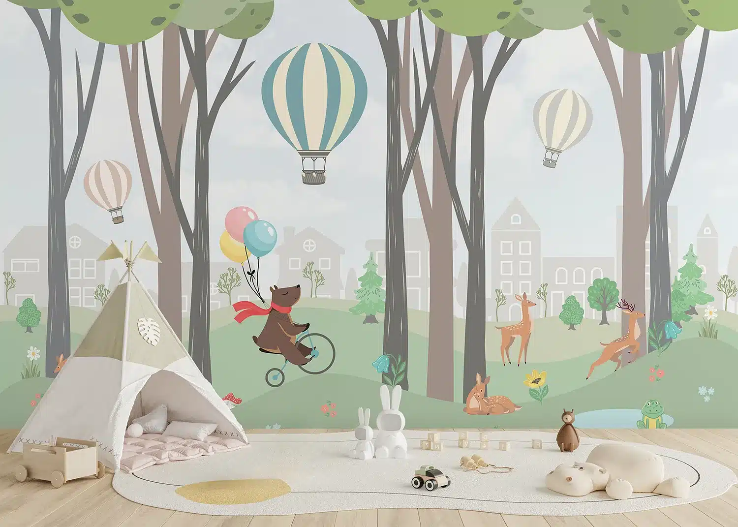 Custom Size Wall Mural Bear with Balloons | Premium Non-Woven Wallpaper | FT5P3095