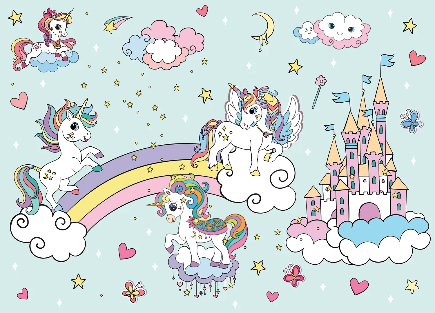 Custom Size Wall Mural Blue Unicorns in the Sky | Premium Non-Woven Wallpaper | FTD5P 352025