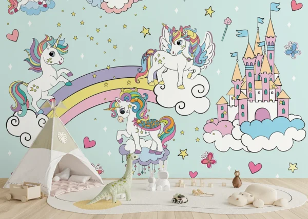 Custom Size Wall Mural Blue Unicorns in the Sky | Premium Non-Woven Wallpaper | FTD5P 352025