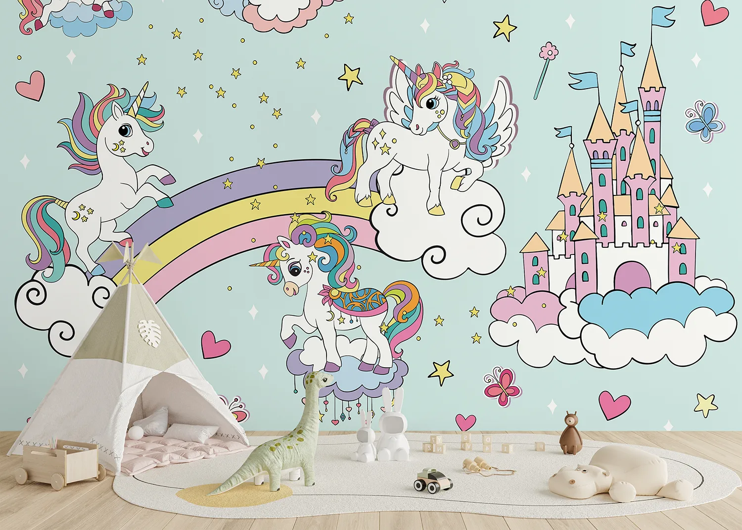 Custom Size Wall Mural Blue Unicorns in the Sky | Premium Non-Woven Wallpaper | FTD5P 352025