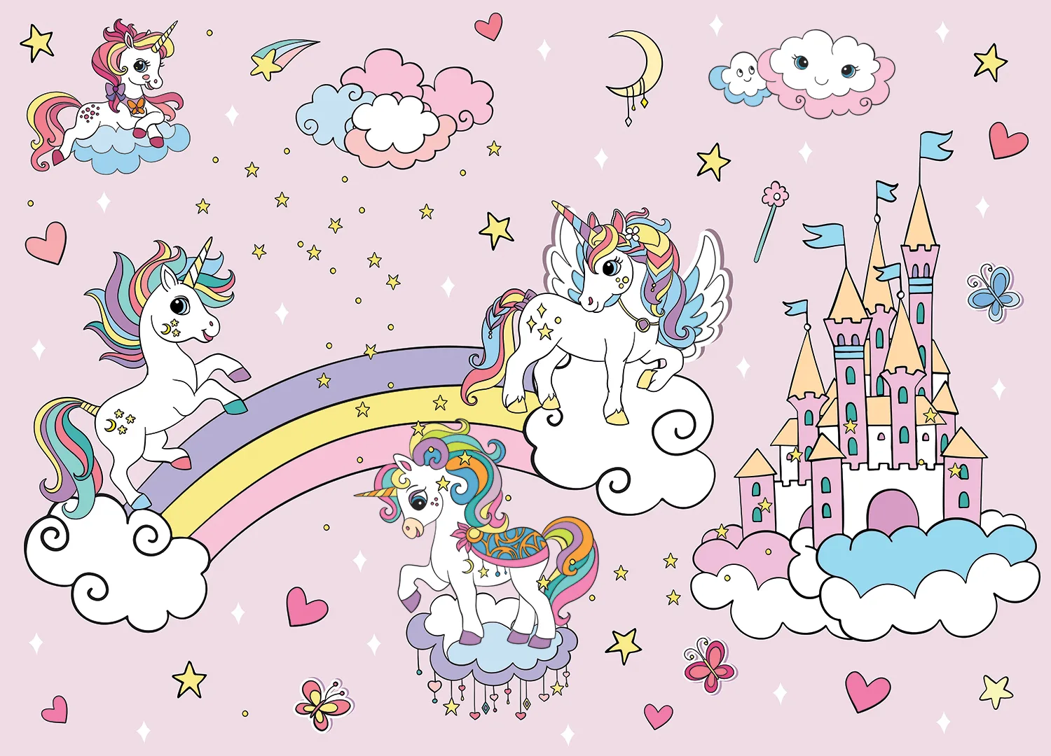 Custom Size Wall Mural Pink Unicorns in the Sky | Premium Non-Woven Wallpaper | FTD5P 352037
