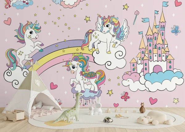 Custom Size Wall Mural Pink Unicorns in the Sky | Premium Non-Woven Wallpaper | FTD5P 352037