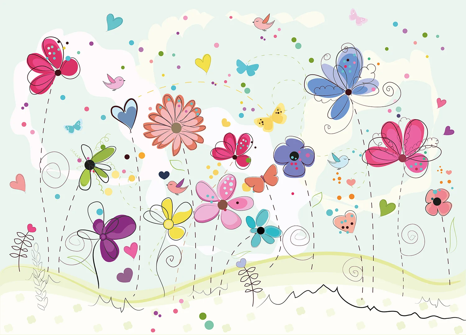 Custom Size Wall Mural Colorful Flowers Doodle | Premium Non-Woven Wallpaper | FTD5P 352373