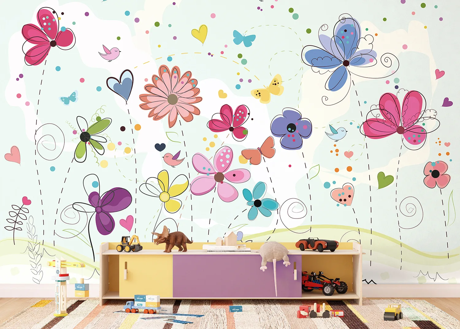 Custom Size Wall Mural Colorful Flowers Doodle | Premium Non-Woven Wallpaper | FTD5P 352373 2