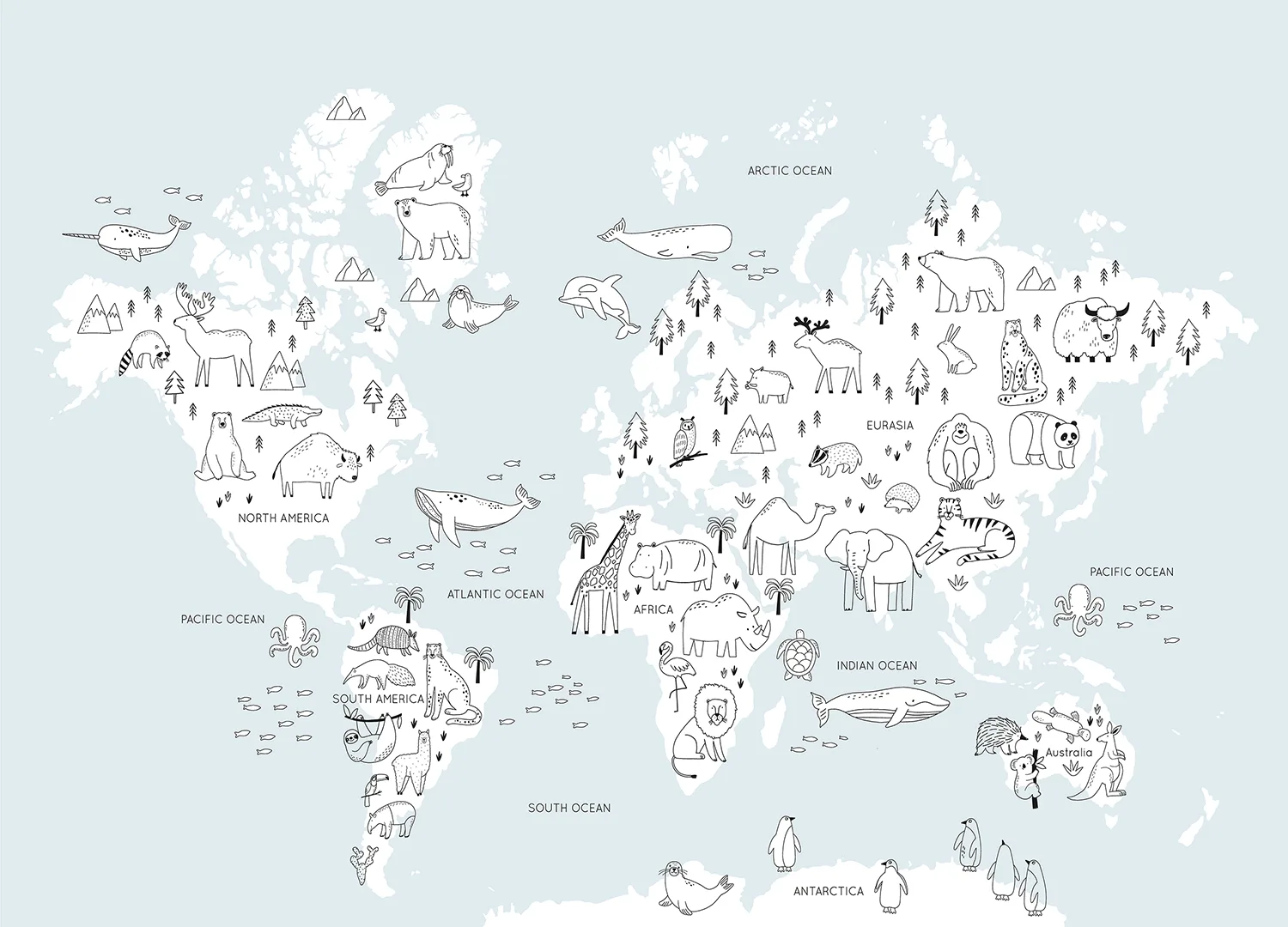 Custom Size Wall Mural Monochrome Animals World Map | Premium Non-Woven Wallpaper | FTD5P 352441