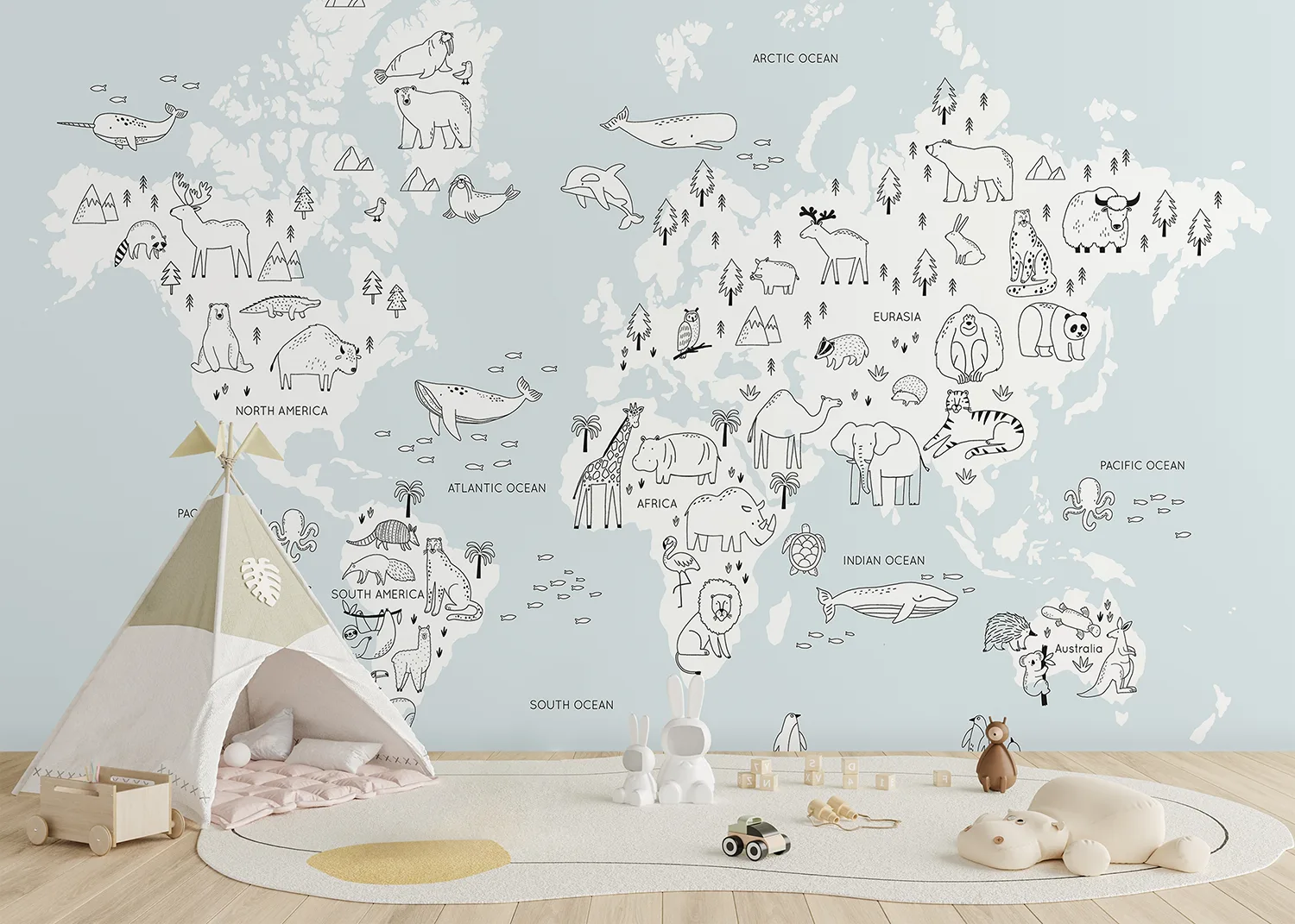 Custom Size Wall Mural Monochrome Animals World Map | Premium Non-Woven Wallpaper | FTD5P 352441 2