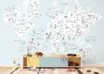 Custom Size Wall Mural Monochrome Animals World Map | Premium Non-Woven Wallpaper | FTD5P 352441