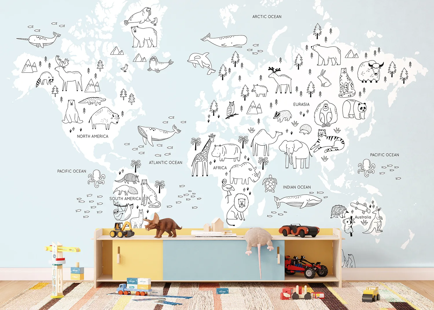 Custom Size Wall Mural Monochrome Animals World Map | Premium Non-Woven Wallpaper | FTD5P 352441