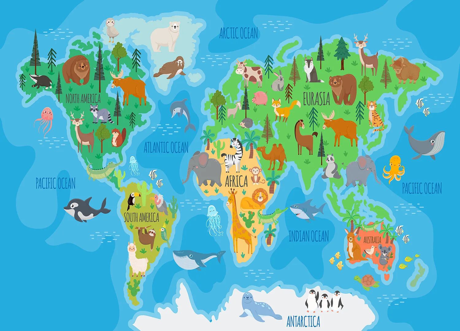 Custom Size Wall Mural Vivid Animals World Map | Premium Non-Woven Wallpaper | FTD5P 352443