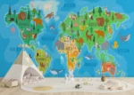 Custom Size Wall Mural Vivid Animals World Map | Premium Non-Woven Wallpaper | FTD5P 352443