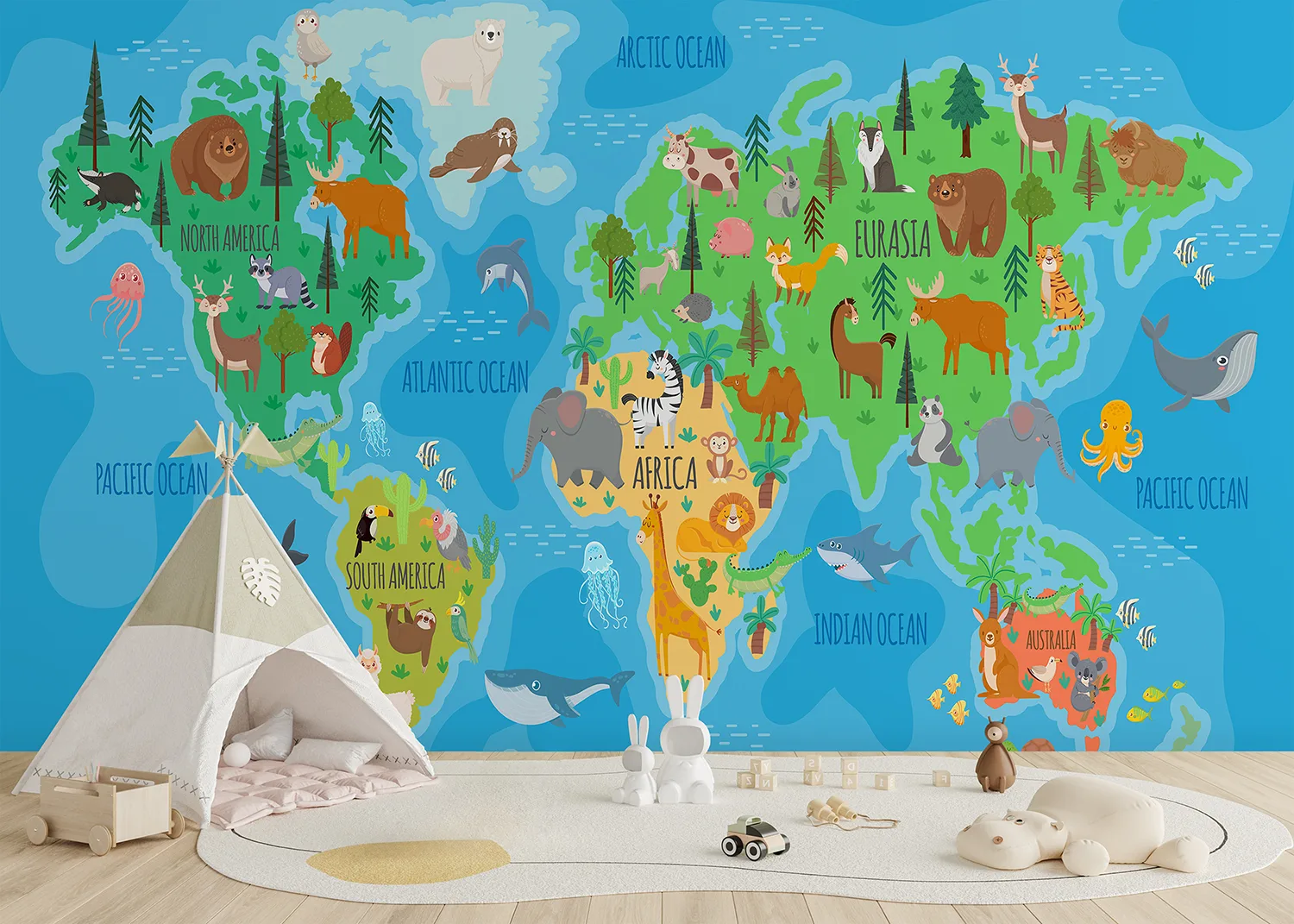 Custom Size Wall Mural Vivid Animals World Map | Premium Non-Woven Wallpaper | FTD5P 352443