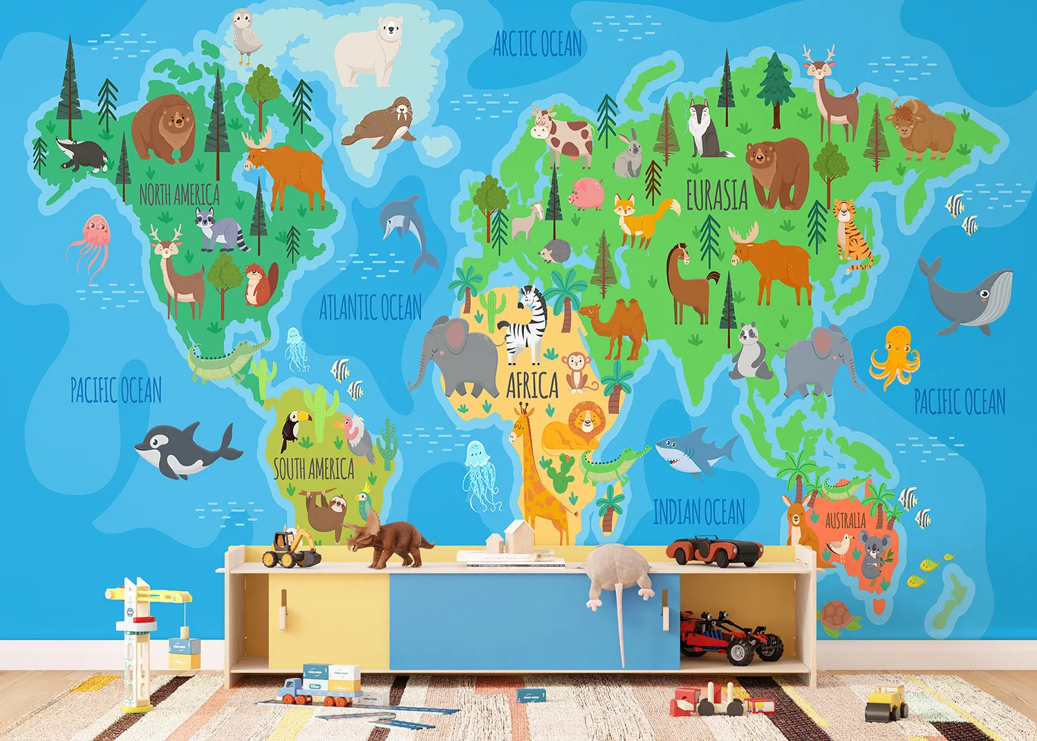 Custom Size Wall Mural Vivid Animals World Map | Premium Non-Woven Wallpaper | FTD5P 352443 2