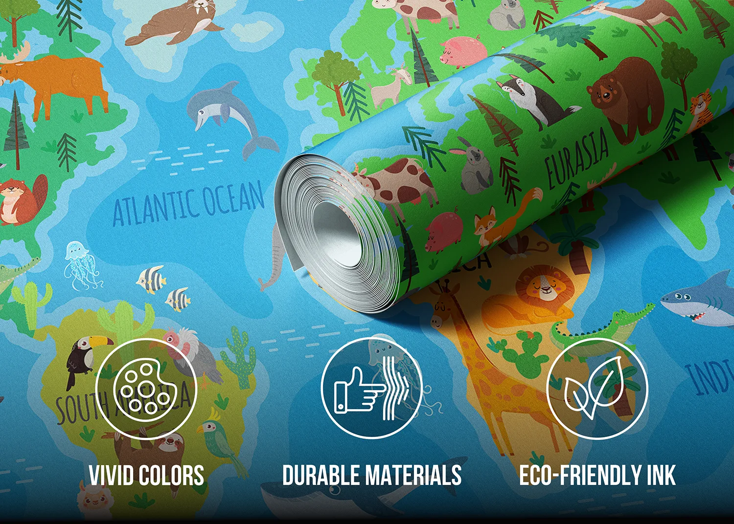 Custom Size Wall Mural Vivid Animals World Map | Premium Non-Woven Wallpaper | FTD5P 352443 3