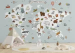 Custom Size Wall Mural White & Blue Animals World Map Doodle | Premium Non-Woven Wallpaper | FTD5P 352447