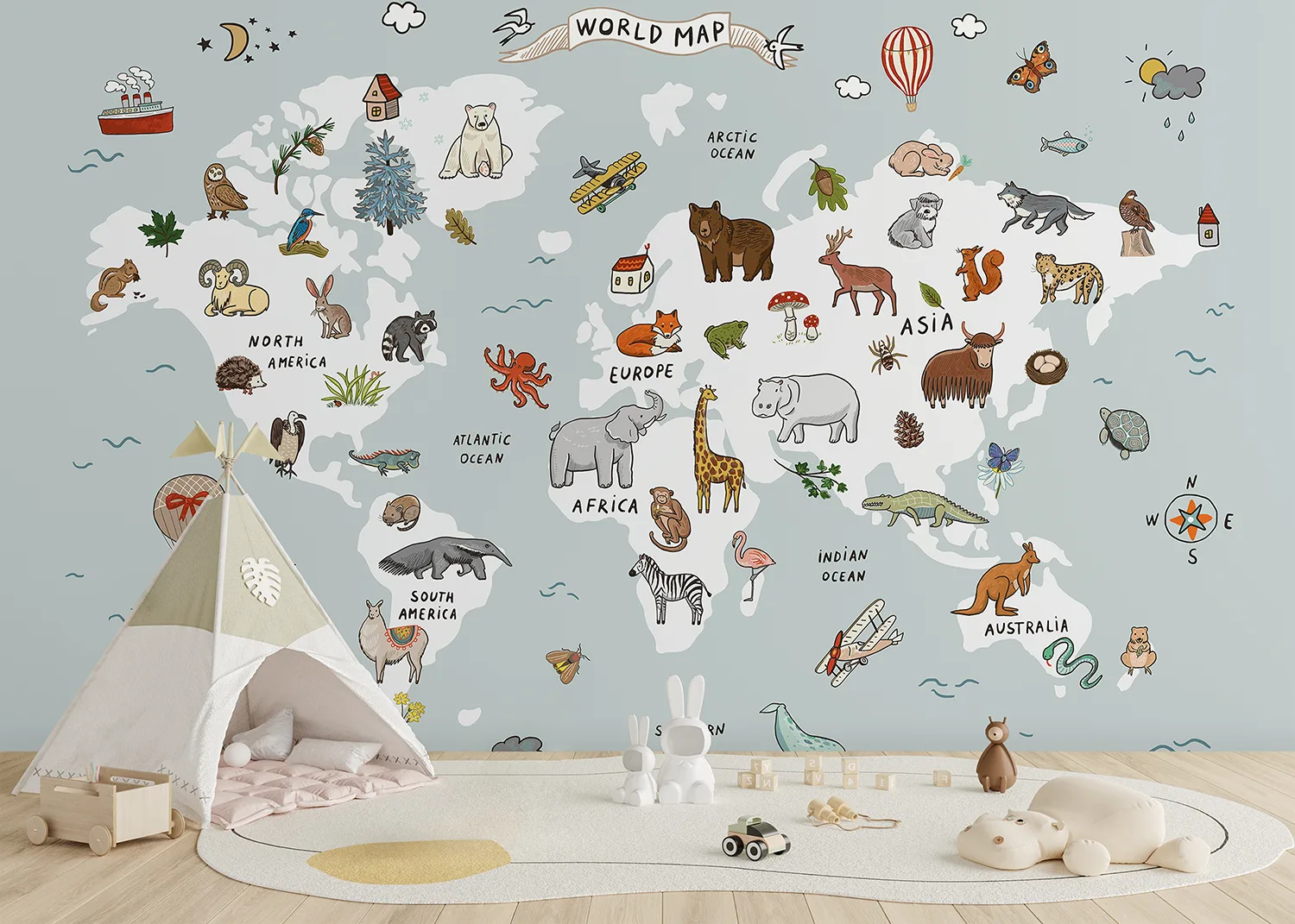 Custom Size Wall Mural White & Blue Animals World Map Doodle | Premium Non-Woven Wallpaper | FTD5P 352447
