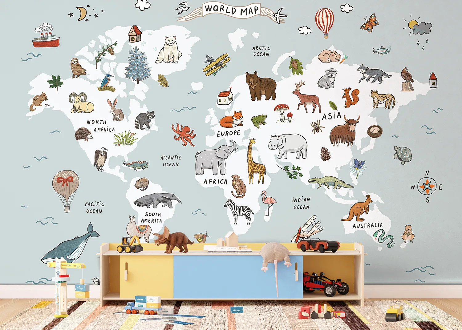 Custom Size Wall Mural White & Blue Animals World Map Doodle | Premium Non-Woven Wallpaper | FTD5P 352447 2