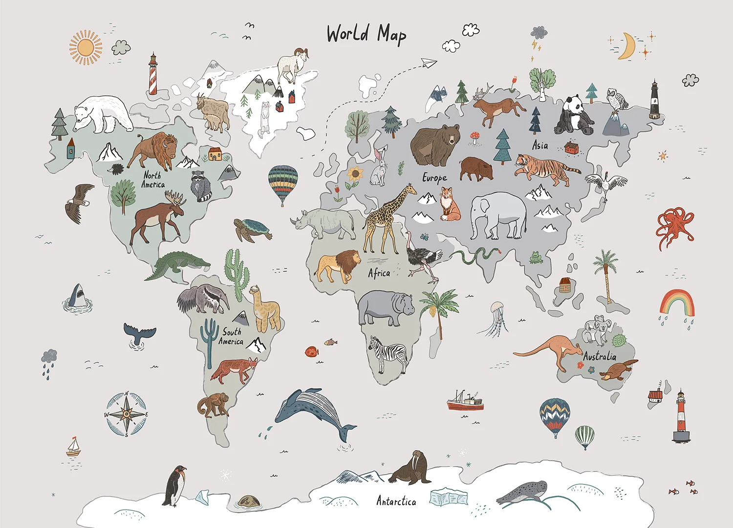 Custom Size Wall Mural Grey Animals World Map Doodle | Premium Non-Woven Wallpaper | FTD5P 352449