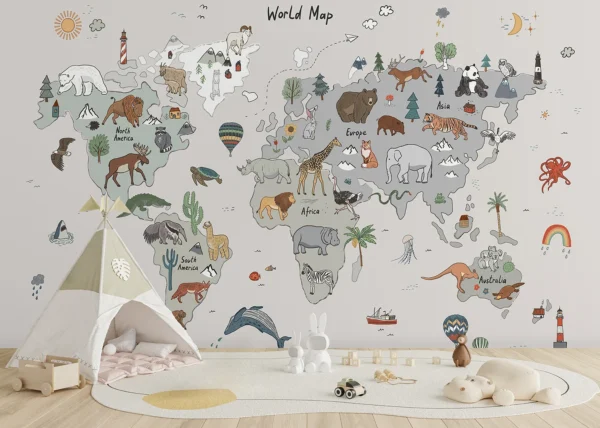 Custom Size Wall Mural Grey Animals World Map Doodle | Premium Non-Woven Wallpaper | FTD5P 352449