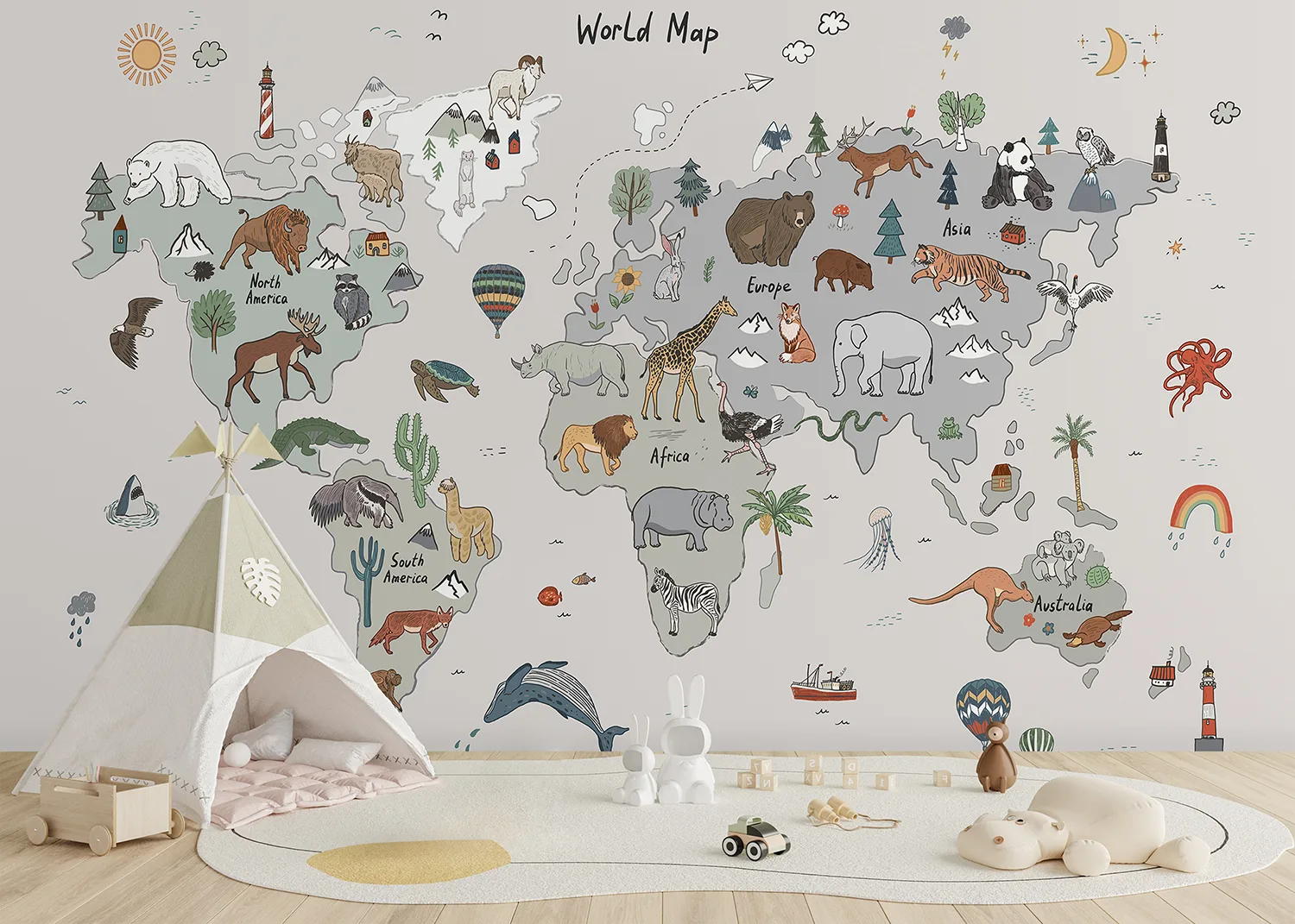 Custom Size Wall Mural Grey Animals World Map Doodle | Premium Non-Woven Wallpaper | FTD5P 352449