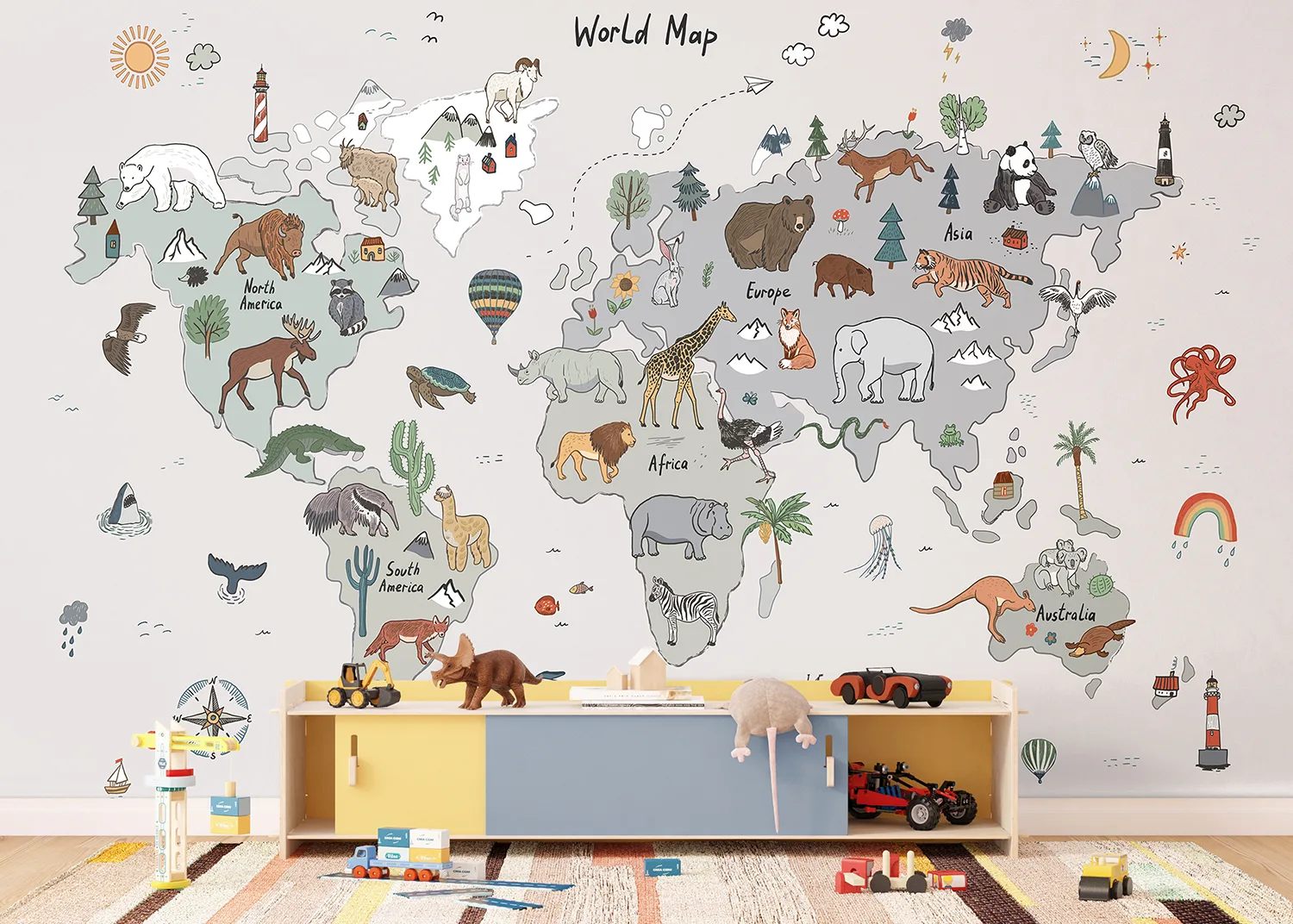 Custom Size Wall Mural Grey Animals World Map Doodle | Premium Non-Woven Wallpaper | FTD5P 352449 2