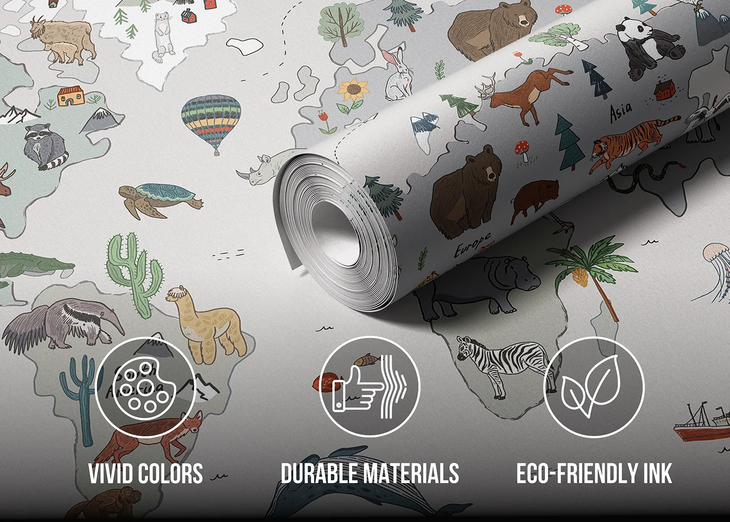 Custom Size Wall Mural Grey Animals World Map Doodle | Premium Non-Woven Wallpaper | FTD5P 352449 3