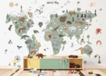 Custom Size Wall Mural Green & Grey Animals World Map Doodle | Premium Non-Woven Wallpaper | FTD5P 352451