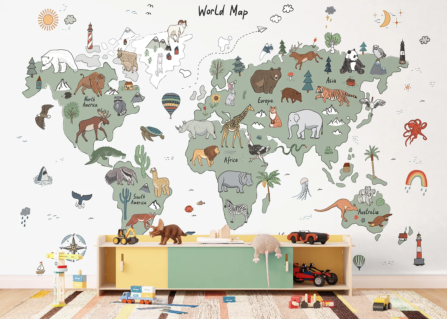 Custom Size Wall Mural Green & Grey Animals World Map Doodle | Premium Non-Woven Wallpaper | FTD5P 352451