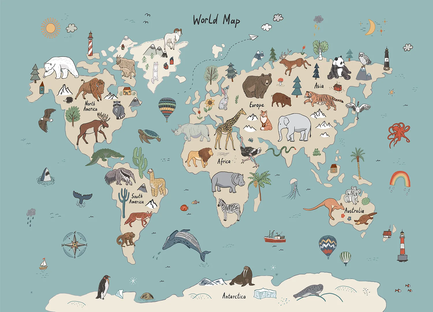 Custom Size Wall Mural Beige & Blue Animals World Map Doodle | Premium Non-Woven Wallpaper | FTD5P 352453