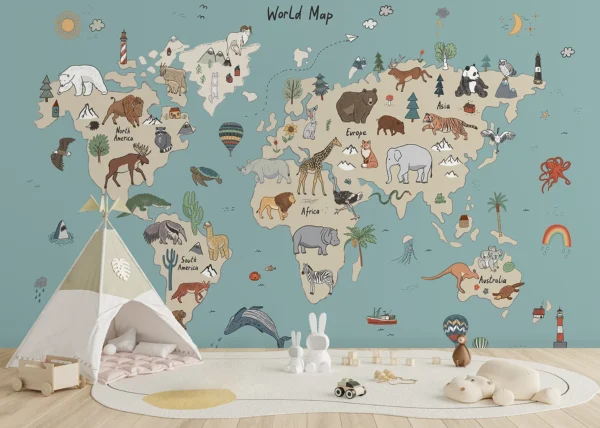 Custom Size Wall Mural Beige & Blue Animals World Map Doodle | Premium Non-Woven Wallpaper | FTD5P 352453