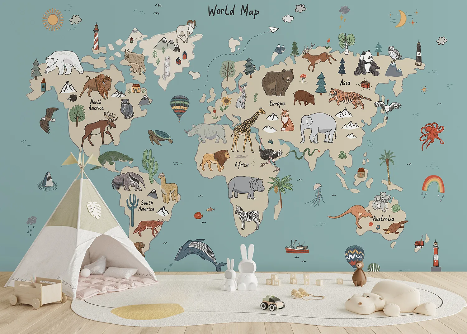 Custom Size Wall Mural Beige & Blue Animals World Map Doodle | Premium Non-Woven Wallpaper | FTD5P 352453