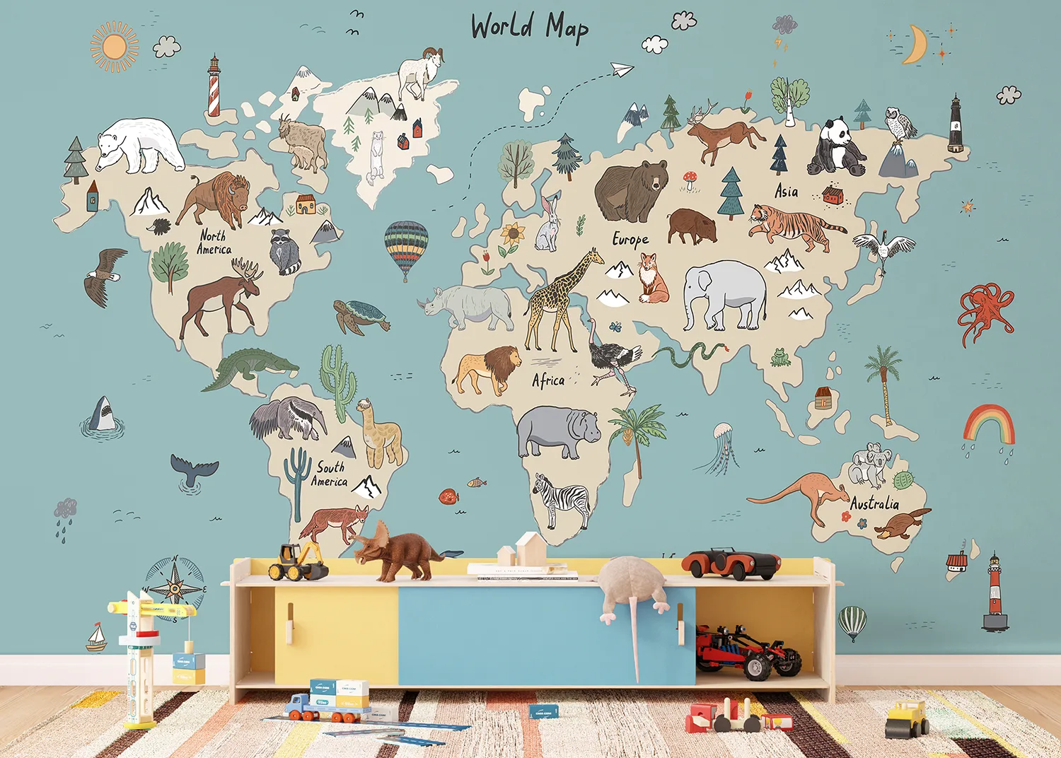 Custom Size Wall Mural Beige & Blue Animals World Map Doodle | Premium Non-Woven Wallpaper | FTD5P 352453 2