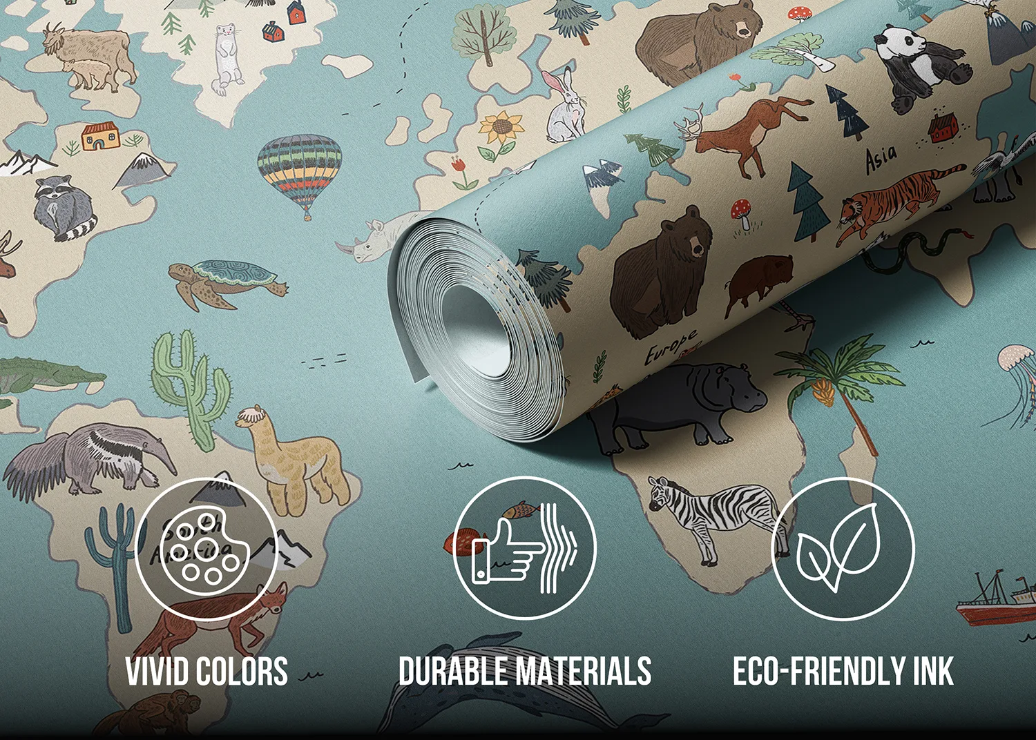 Custom Size Wall Mural Beige & Blue Animals World Map Doodle | Premium Non-Woven Wallpaper | FTD5P 352453 3